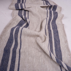 Tessuto 100% lino 350 g/m² - sacco di lino francese - Pesante, denso. Grigio naturale a righe blu navy. Per artigianato, tappezzeria, decorazione