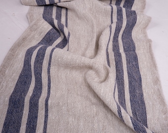 100% linen fabric 350gsm - grain sack French flax - Heavy weight, dense. Natural grey navy striped For crafts, upholstery, decoration