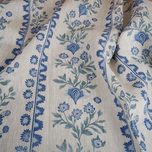 100% LINEN Fabric floral stripe print - oatmeal neutral fabric with blue green print - linen fabric upholstery home decor dressmaking 2153
