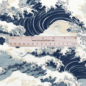 100% LINEN Fabric Japanese waves Print- linen Fabric by the Yard by LithuanianLinen for upholstery dressmaking curtains home textile