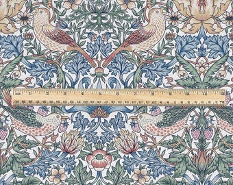 Tela William Morris Strawberry Thief 100% lino para manualidades y arte - Estampado floral británico victoriano con pájaros - Tapicería para decoración del hogar - Confección de ropa 3730