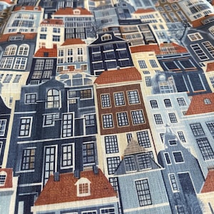 100% LINEN Fabric Amsterdam houses Holand scenery - linen fabric for upholstery home decor tablecloth curtains dress making 2264