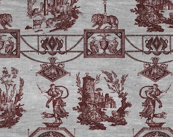 100% LEINEN Stoff french red print Haferflocken - Göttin Diana mit Löwe - toile de jouy - Diane chasseresse von Jean-Baptiste Huet 3419