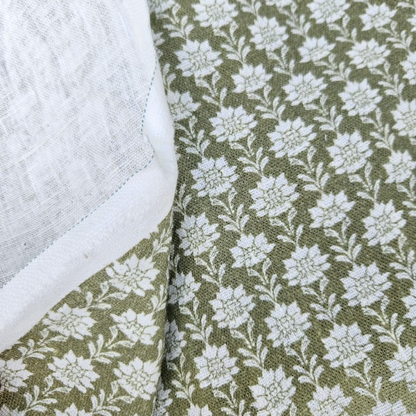 100% LINEN Fabric block print olive green on white - heavy linen fabric for upholstery home decor or medium for clothing 2512