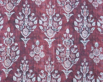 Tela 100% lino con estampado de bloques en rojo indio 3662 - tela de lino color avena con estampado floral verde