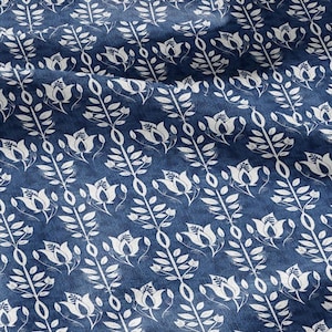 100% LINEN Fabric stripe Tulips floral print linen - blue linen botanical fabric for upholstery home decor dress making