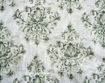 100% LINEN Fabric block print green on white, linen fabric with floral greenery print, heavy linen fabric for upholstery home decor 2636