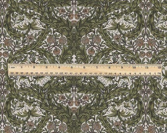 Tela William Morris African Marigold verde 100% lino - Telas victorianas de lino británico con estampado floral para tapicería y hogar 3641