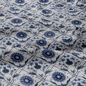 100% LINEN Fabric block print - linen fabric with blue white floral print - heavy linen fabric for upholstery home decor