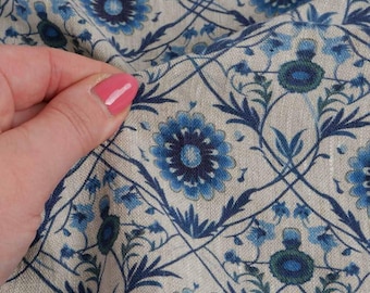 100% LINEN Fabric block print - linen with blue floral print on oatmeal - heavy linen fabric for light upholstery home decor sewing 2324