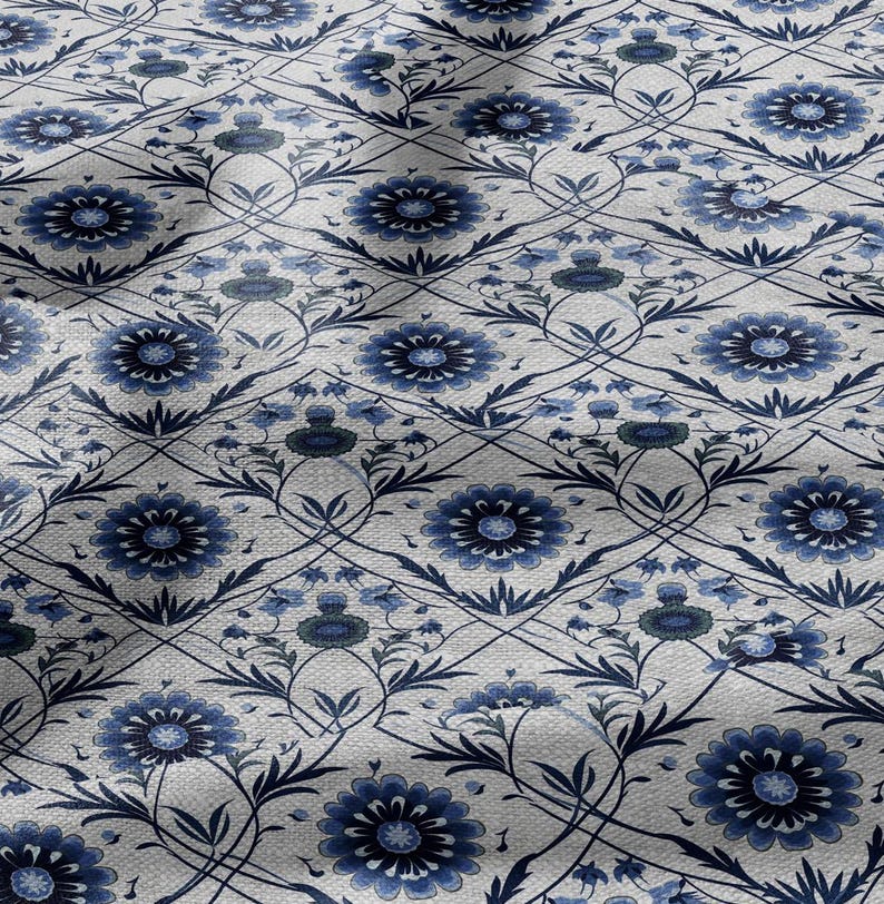 100% LINEN Fabric block print - linen fabric with blue white floral print - heavy linen fabric for upholstery home decor