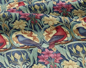 100% LEINEN Stoff französischer roter Kardinaldruck - vintage modern art noveau deco - Vögel Tier bunt 3041