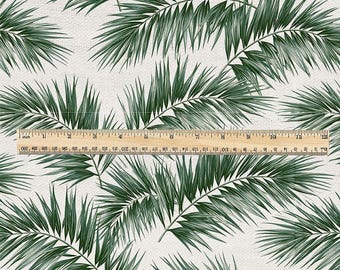 Tela 100% lino con estampado decorativo de hojas de palmera verdes - Estampado floral botánico vintage - Tela con estampado histórico para tapicería y confección de vestidos 3754