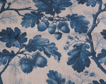 Tela 100% lino con estampado de hojas de roble y bellota en azul grisáceo - estampado botánico floral - tela gruesa para tapicería, decoración del hogar y ropa 3712