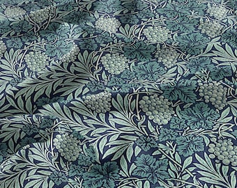 100% LINNEN Stof wijndruiven van William Morris, Victoriaanse stof met blauwe bloemenprint voor stoffering woondecoratie in linnen 2101