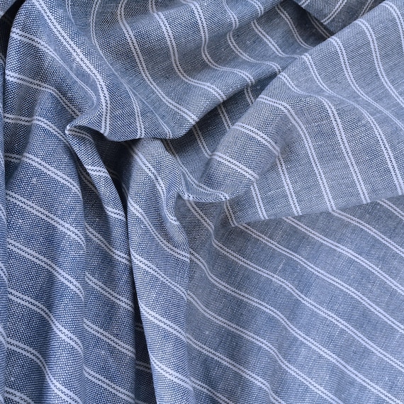 100% linen fabric 200gsm Striped white - blue. Medium weight, dense. For dresses, blouses, trousers, skirts