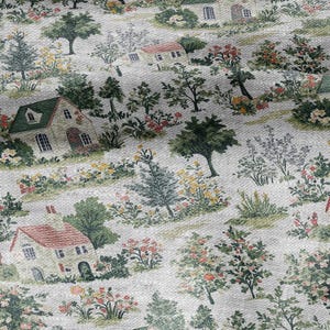 May include: A woven fabric featuring a repeating pattern of cottages with red and green roofs, surrounded by lush green trees, shrubs, and colorful floral gardens. The design is set against a light, textured off-white background.