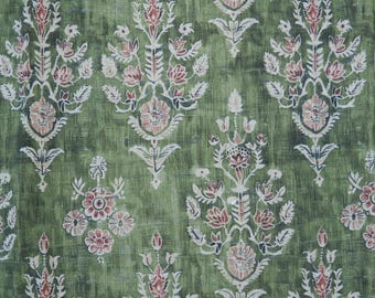Tela 100% lino con estampado de bloques en verde indio 3658 - tela de lino color avena con estampado floral verde