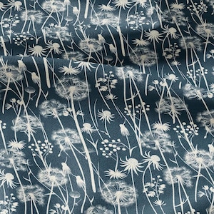 100% linen Dandelion teal prints fabric for Curtain Upholstery Cushion - Art deco flower print fabric for dress making sewing