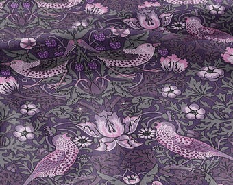 100% LINEN fabric - William Morris Strawberry thief dark purple - British Victorian Art Craft flax - sewing home decor or clothing 3869