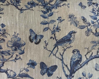 Tejido 100% LINO estampado bloque azul francés sobre lino natural avena, tejido toile de jouy floral, tapicería floral de lino francés 341