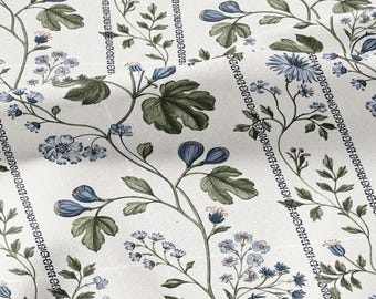 Tela 100% lino con estampado floral campestre - estampado botánico de rayas estilo preppy - tela de lino para tapicería, decoración del hogar y confección de ropa 3746