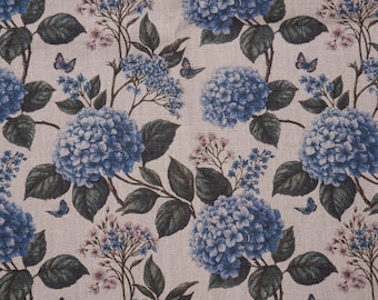 Tela 100% lino con estampado de hortensias azules - estampado floral botánico - tela gruesa para tapicería, decoración del hogar y ropa 3726