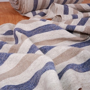 Tejido 100% lino 350 g/m² - saco de grano Lino francés - Gramaje pesado, denso. Rayas azul marino grisáceo natural Para manualidades, tapicería, decoración