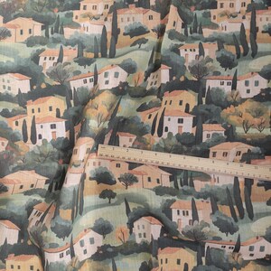 Tela 100% LINO Estampado de paisaje toscano, tela de lino con estampado de casa y ciprés, tela de lino pesada para tapicería y decoración del hogar 2524 imagen 7