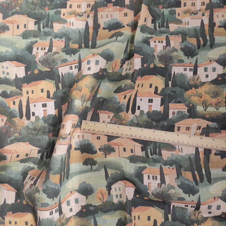 Tela 100% LINO Estampado de paisaje toscano, tela de lino con estampado de casa y ciprés, tela de lino pesada para tapicería y decoración del hogar 2524 imagen 7