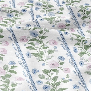 100% LINEN Fabric floral stripe print - oatmeal neutral fabric with pink blue green print - linen fabric upholstery home decor dressmaking