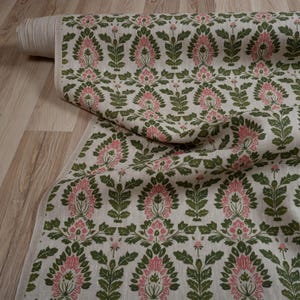 100% LINEN Fabric block print floral pink green on grey, oatmeal natur linen fabric with botanical print for upholstery home decor