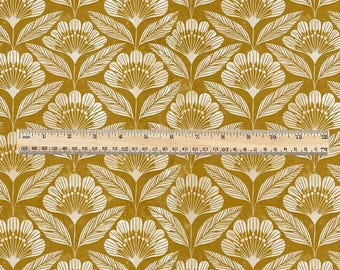 100% linen fabric retro mustard print Blossom - Mid-century botanical / 1970s Scandinavian-inspired floral 3792