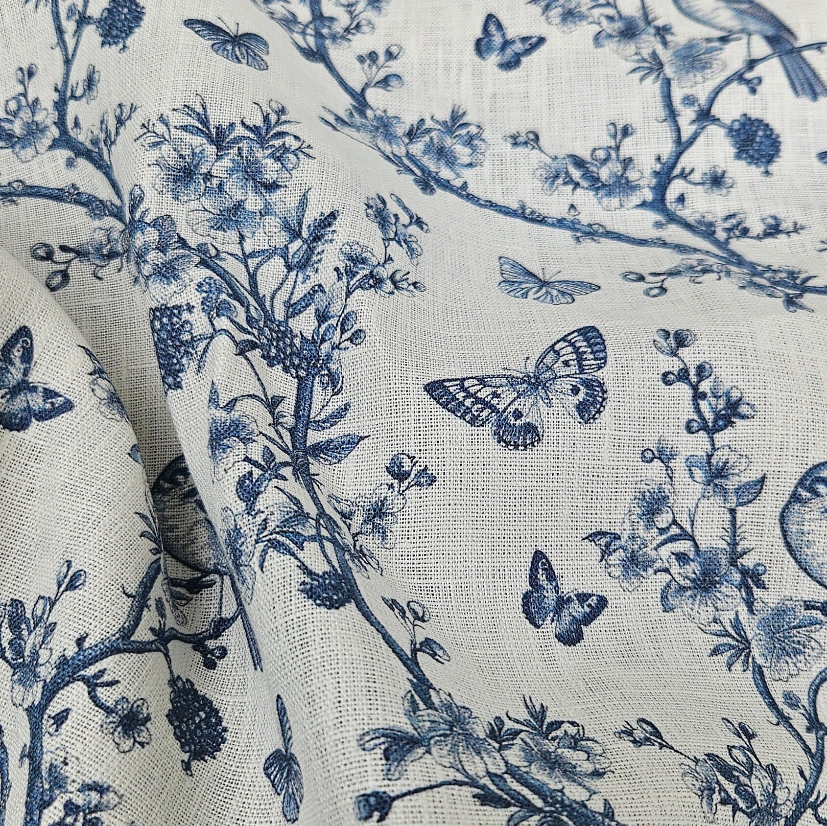 100% LINEN Fabric Toile De Jouy, White Botanical Fabric With
