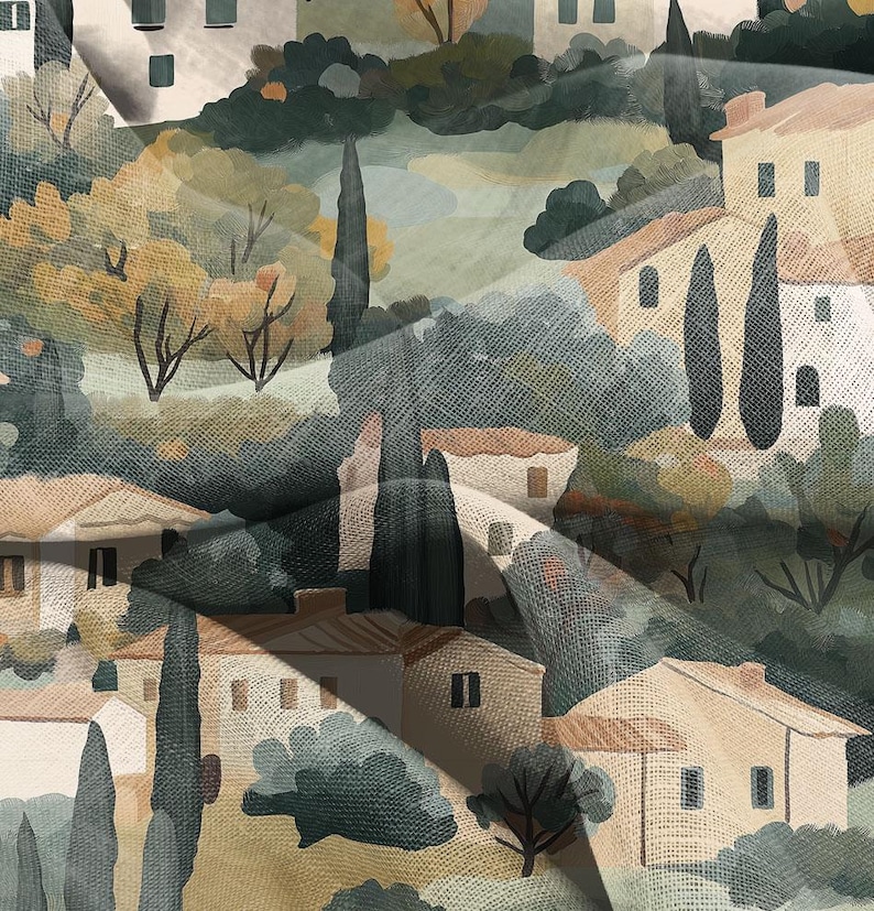 Puede incluir: Una pintura de acuarela de un pueblo con casas y &aacute;rboles. Las casas est&aacute;n pintadas en tonos beige y blanco, con techos marrones. Los &aacute;rboles est&aacute;n pintados en tonos verdes y marrones. La pintura est&aacute; hecha en un estilo caprichoso, con una sensaci&oacute;n suave y de ensue&ntilde;o.