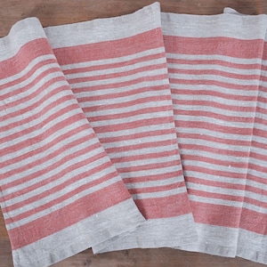 Tela 100% lino, 310 g/m², lino francés vintage para sacos. Gruesa y densa. Rayas rojas naturales. Para manualidades, tapicería y decoración.