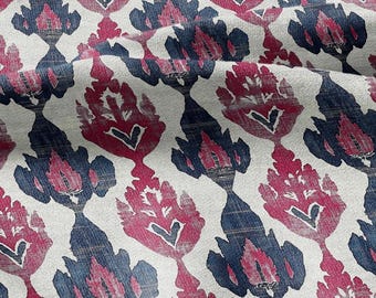 Tessuto 100% LINO Ikat rosso navy Mudcloth - Boho Chic Tie Dye Astratto Diamante Tessuto di Lino per sartoria Tende Rivestimenti Cuscini 2374