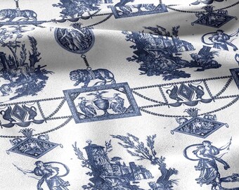 100% LEINEN Stoff french blue white print - Göttin Diana mit Löwe - toile de jouy - Diane chasseresse von Jean-Baptiste Huet 3413