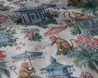 100% LEINEN Stoff Affe Chinoiserie Druck - Haferflocken Leinenstoff mit Chinoiserien Druck - modern Vintage 3383