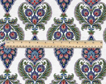 Tela 100% lino - Estampado floral azul, rojo y verde - Estampado tradicional en bloques - Para ropa, tapicería y textiles para el hogar 3785