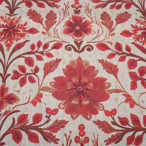 Tela 100% lino con estampado floral rojo sobre lino natural color avena - tela de flores rojas - confección de vestidos de tapicería floral de lino francés 2036