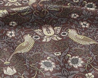 100% LINEN fabric - William Morris Strawberry thief chocolate brown - British Victorian Art Craft flax - sewing home decor or clothing 3870