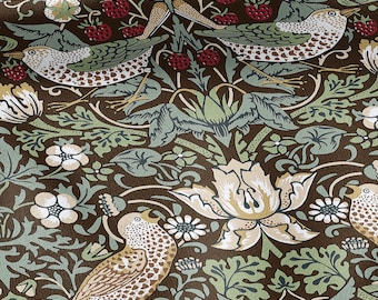 100% LINEN fabric - William Morris Strawberry thief brown green - British Victorian Art Craft flax - sewing home decor or clothing 3867