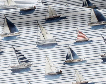 May include: A nautical-themed fabric featuring a repeating pattern of sailboats on a blue and white striped background. The sailboats have white sails with blue accents, and some have red and white striped sails.