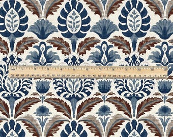 Indischer Blockprint Stoff Blau Braun - Großes botanisches Damast Muster für Polster Vorhänge Wohndekor 3432
