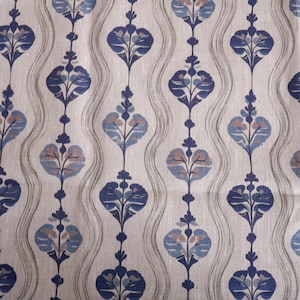 Puede incluir: Primer plano de una tela con un patrón repetido de motivos florales estilizados en tonos azules y melocotón apagado. El diseño se establece sobre un fondo neutro, blanquecino, con líneas grises onduladas verticales. La tela tiene una apariencia texturizada.