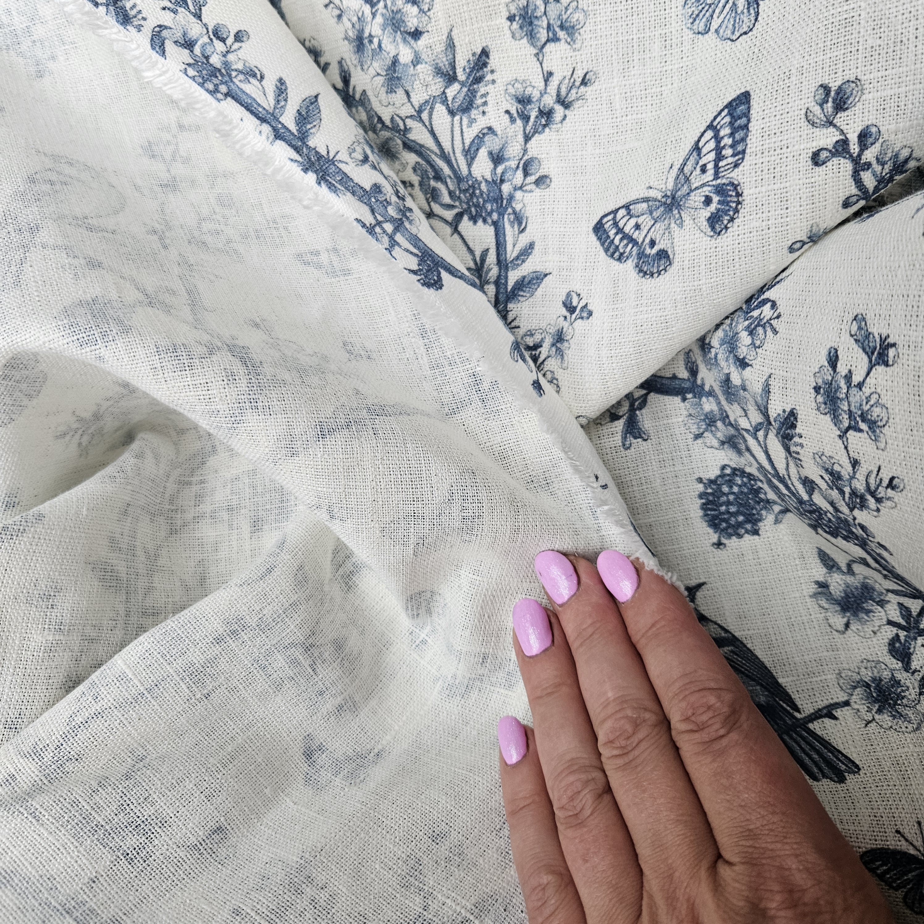 100% LINEN Fabric Toile De Jouy, White Botanical Fabric With