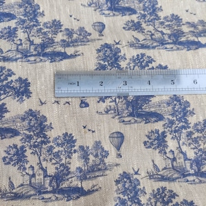 Tecido 100% LINHO Toile de Jouy com balão de ar, tecido de linho natural aveia com estampa índigo azul, estofamento em tecido de linho francês costeiro