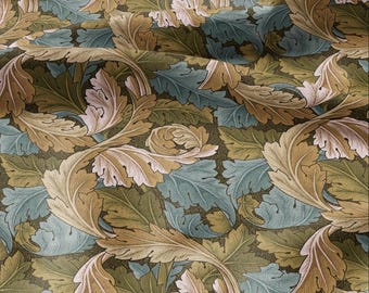 May include: A detailed pattern of stylized leaves in shades of green, tan, and blue. The design features large, curling leaves with intricate veining, set against a dark background. The overall effect is reminiscent of a vintage botanical illustration.