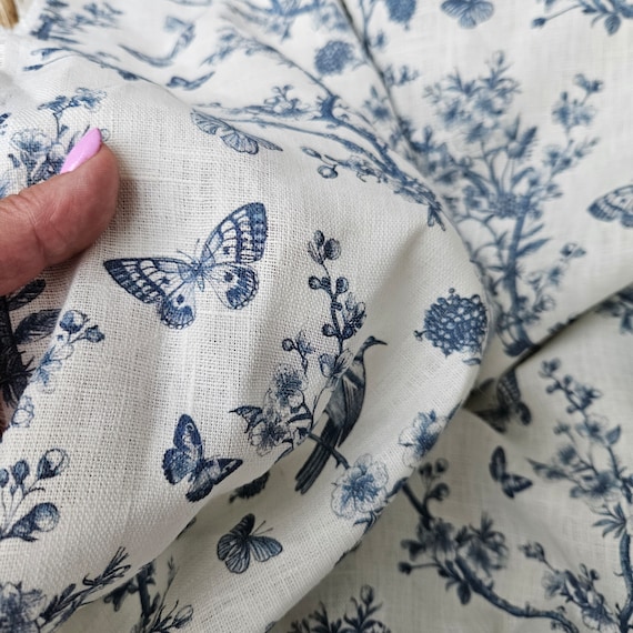 【IENA】FrenchLinen JK 100% LINEN Fabric Toile De Jouy, White Botanical Fabric With